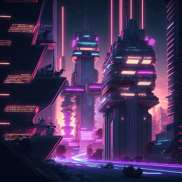 Image of futuristic cityscape with neons created using generative ai technology