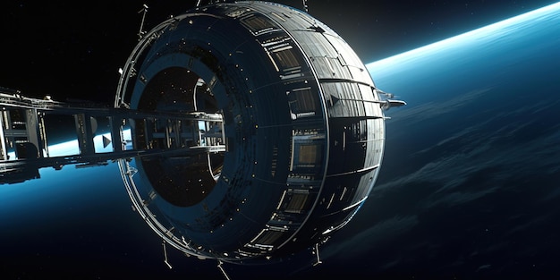Foto immagine di una stazione spaziale futuristica con effetto cinematografico ia generativa