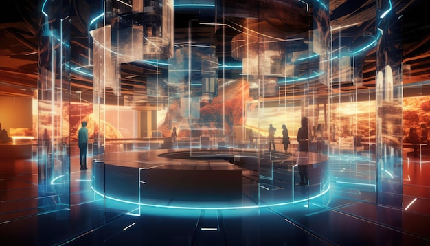 Image of a futuristic technology network background with holographic displays