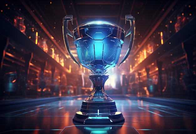 Photo image of a futuristic trophy in a scifi setting the trophy is in the center of the image