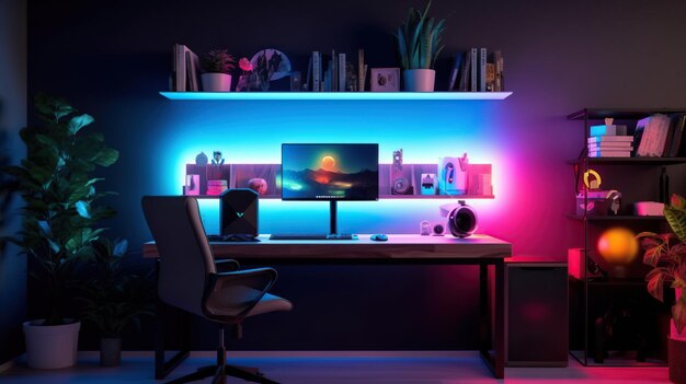 Photo image of gaming setup pc on desk lit with rgb neon lighting background