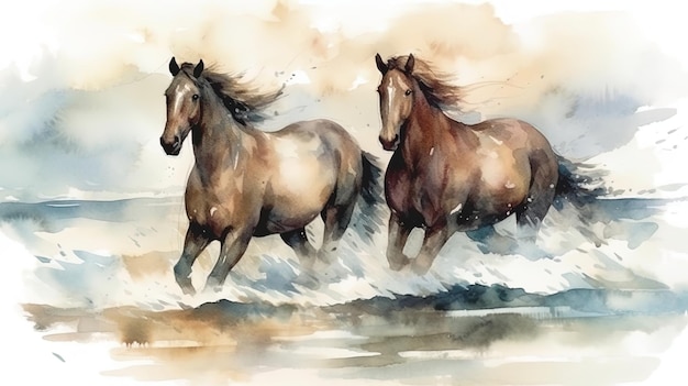 Image generated by AI Beautiful watercolor painting of horses running along the sea coast