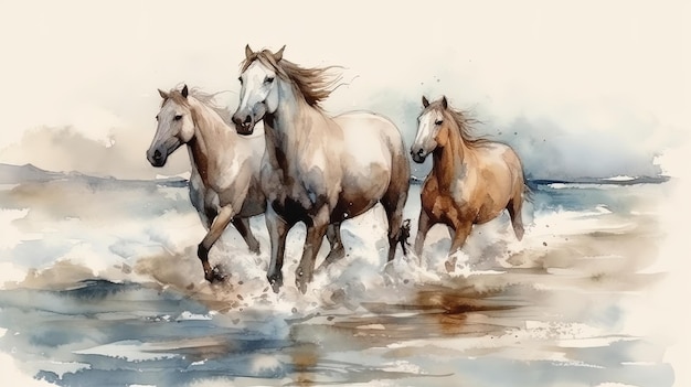 Изображение создано AI Красивая акварельная живопись лошадей, бегущих вдоль морского побережья