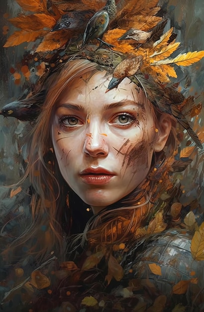 Изображение создано AI Рисунок красивой неизвестной женщины среди осенних листьев и мелких птиц