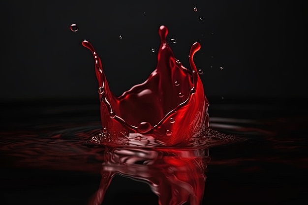 AI에 의해 생성된 이미지 드롭에서 스플래시가 떨어질 때 적혈 또는 와인 색 물이 튀는 드롭