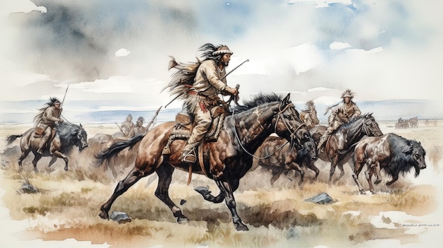 Image generated with AI Watercolor painting of American Indians hunting buffalo