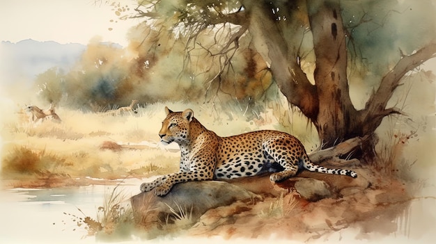 Photo image generated with ai watercolor painting of a resting cheetah