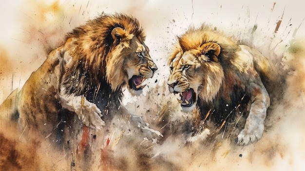 Изображение, созданное с помощью акварели ИИ, изображающее двух львов-самцов, сражающихся в саванне.