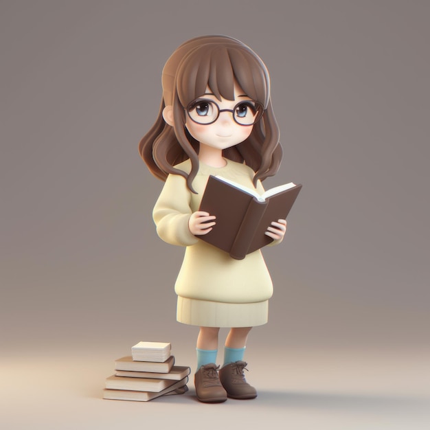 Image of Girl brown hair wearing glasses holding a book generative AI