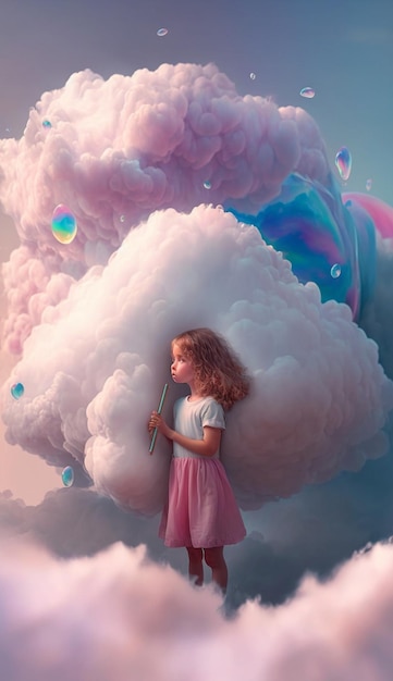 Image of a girl in pink dress blowing bubbles generative ai