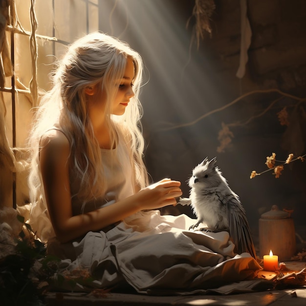 An image of a girl sitting with a Chinchillas in the style of realistic yet romantic