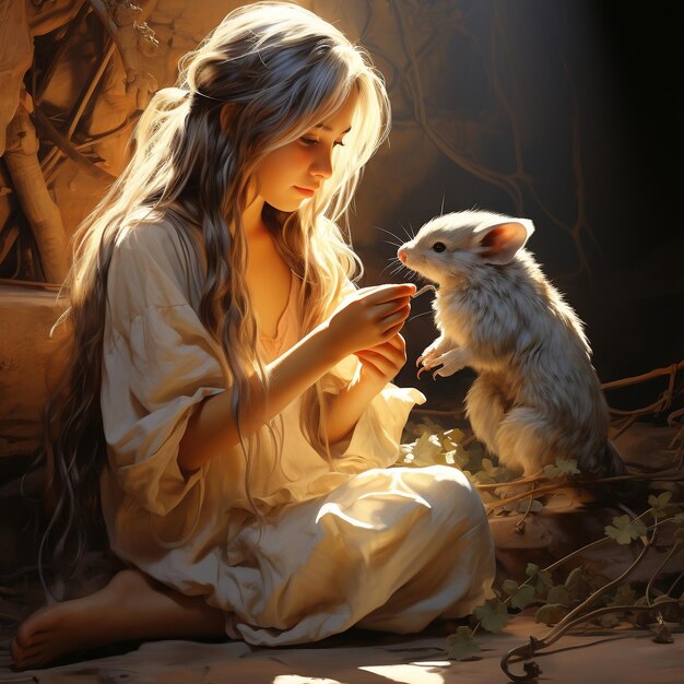 An image of a girl sitting with a Chinchillas in the style of realistic yet romantic