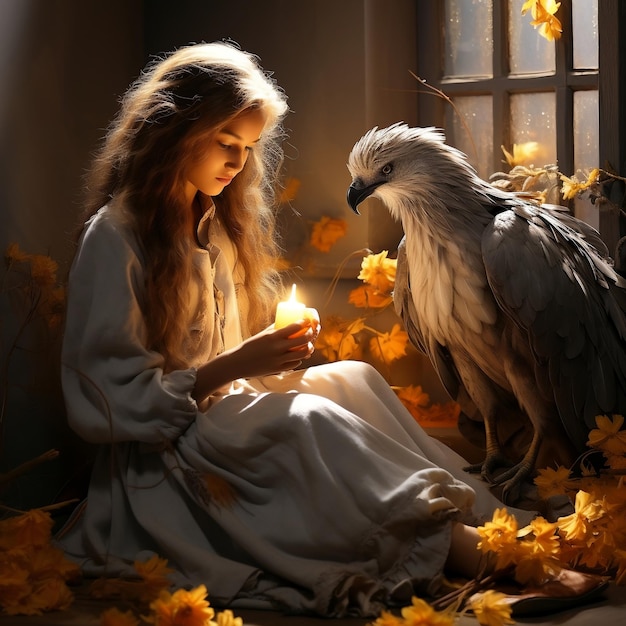 An image of a girl sitting with a Hawk in the style of realistic yet romantic light gray and light