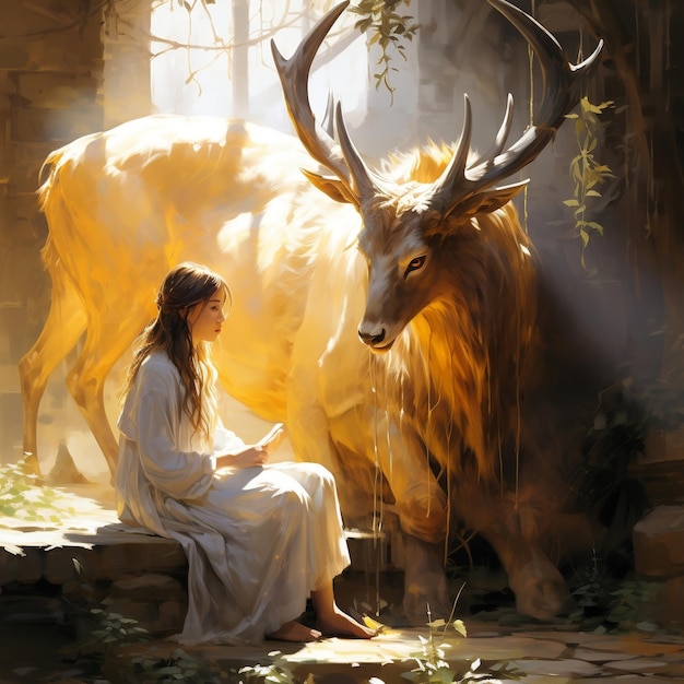 an image of a girl sitting with a Ibex in the style of realistic yet romantic