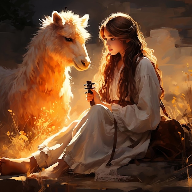 an image of a girl sitting with a Llama in the style of realistic yet romantic