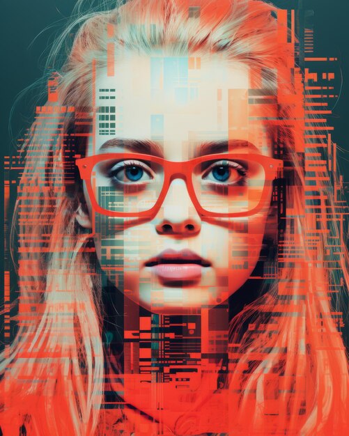メガネをかけた女の子と街のスカイラインを背景にした画像