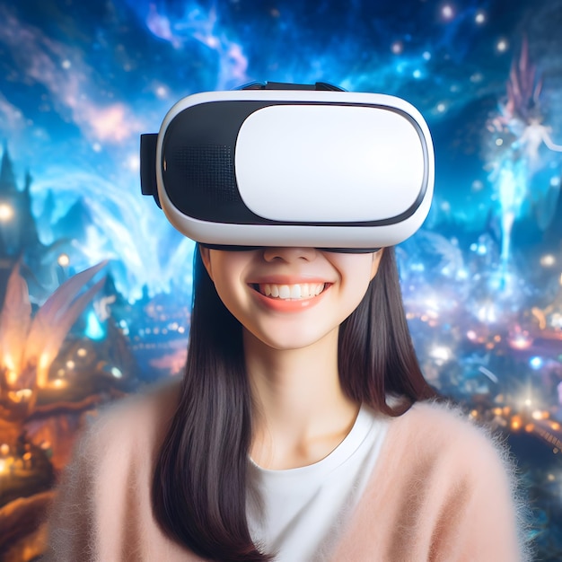Image of a girl with a smiling face wearing a vr headset while standing