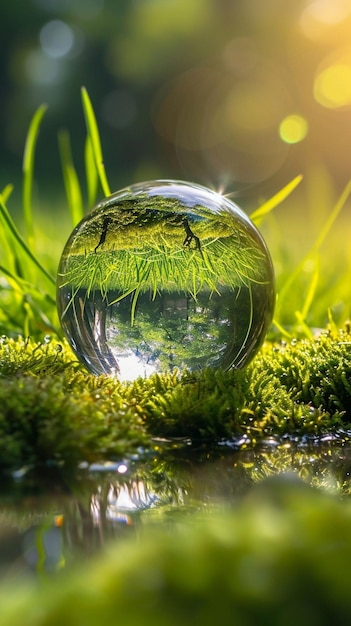 Изображение стеклянного шара с водой и травой, генеративный AI