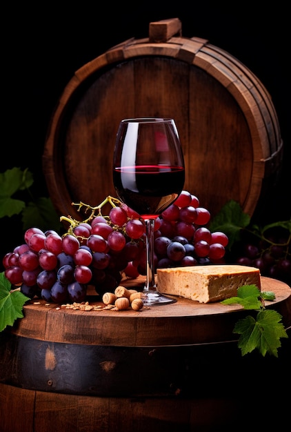 Photo image of a glass of red wine with grapes next to it