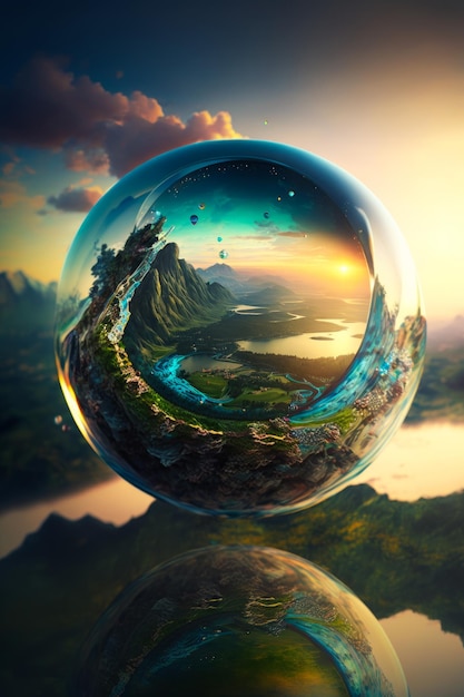 An image of glass sphere with mountains and water Generative AI