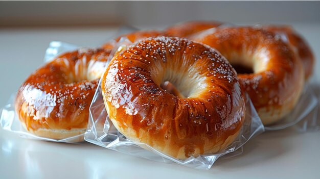 An image of glazed sweet bagels in a plastic bag on a white background