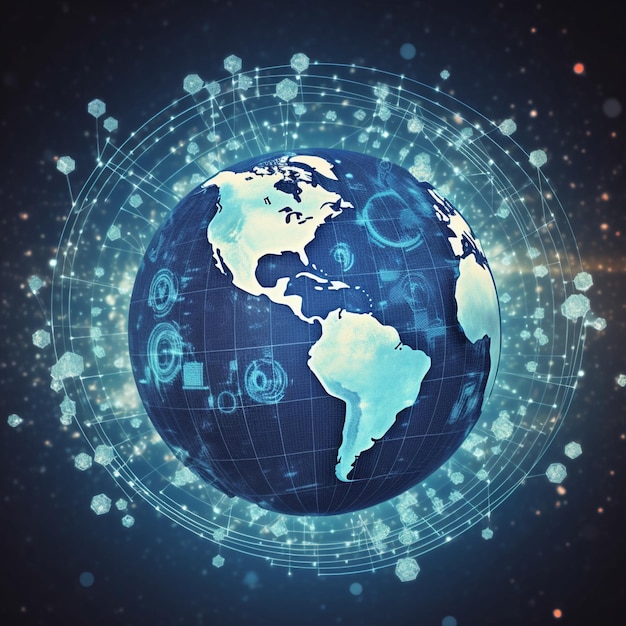 Photo image of a globe with currency symbols and data orbiting around it representing the idea of global finance and economy