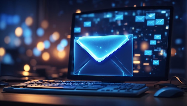 Изображение светящегося конверта электронной почты в центре монитора над клавиатурой, сгенерированного ИИ