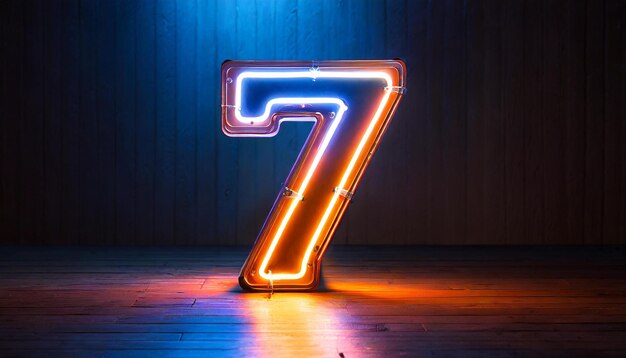 Photo image of glowing neon number 7 made from neon light 3d rendering dark backdrop