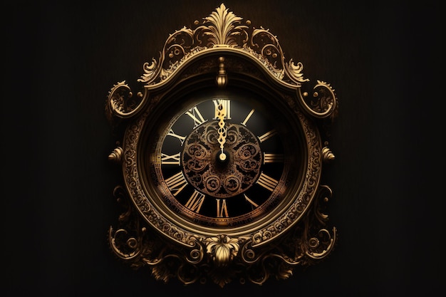Photo image gold black old clock close up front view high resolution style luxury vintage gear metal business clockwork steel elegance handmade 3d render esoteric time count ai