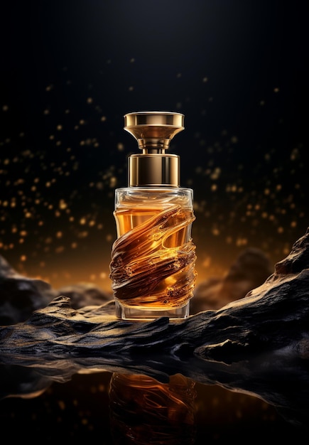 image of a gold perfume bottle on black background in the style of photorealistic paintings