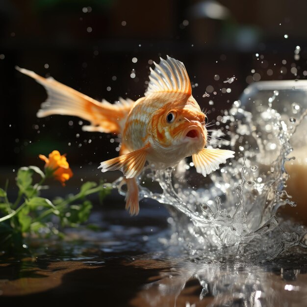 Foto un'immagine di pesce dorato in acqua con gocce d'acqua su bokeh o sfocamento sullo sfondo scuro generativa ai