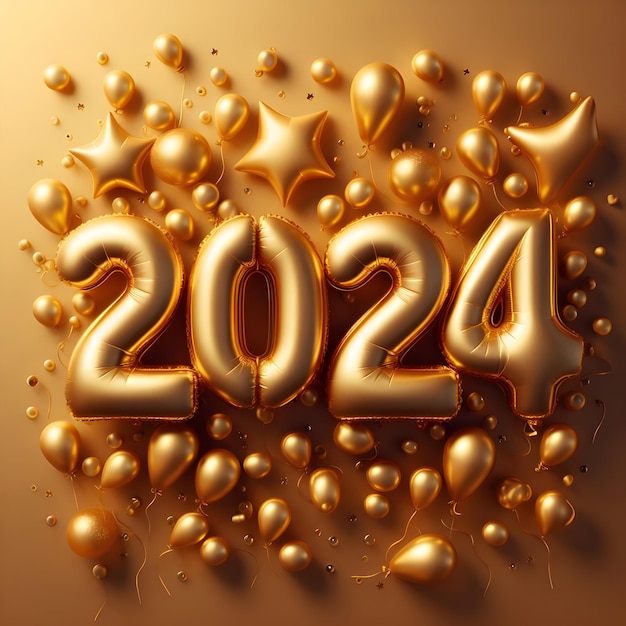 Image of Golden Numbers Stars and Balloons for New Year 2024