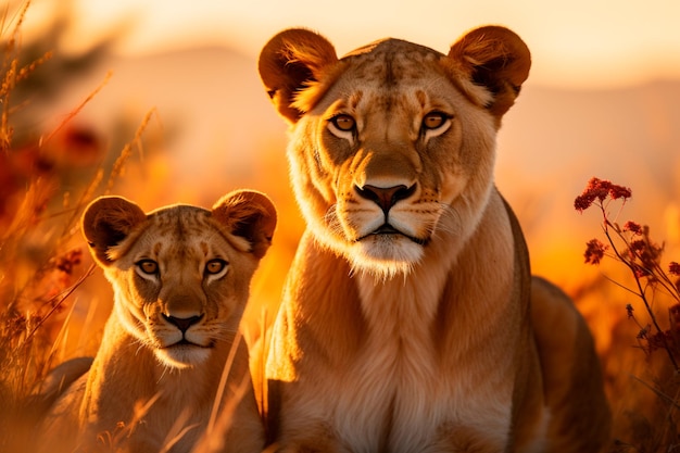 Image of graceful stately lioness and her cub African savannah