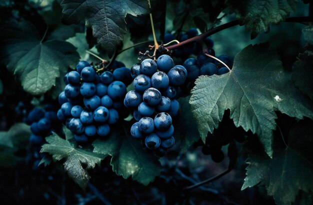 Image of grapes surrounded by leaves on a vineyard