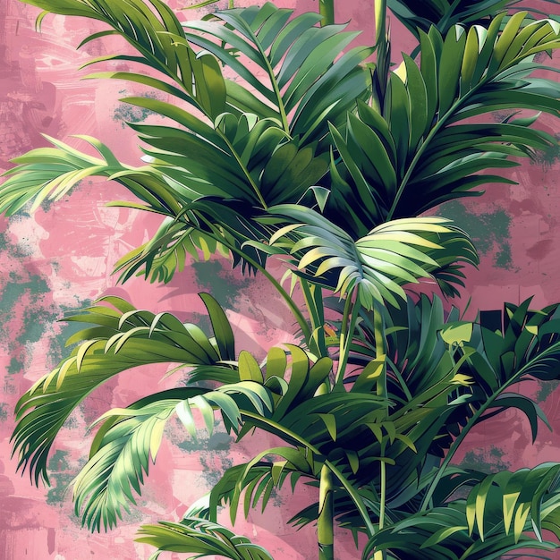 An image of graphic leaves and palm trees on a pink background