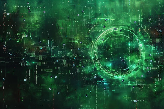 Image of a green computer background with blue dots and a green circle