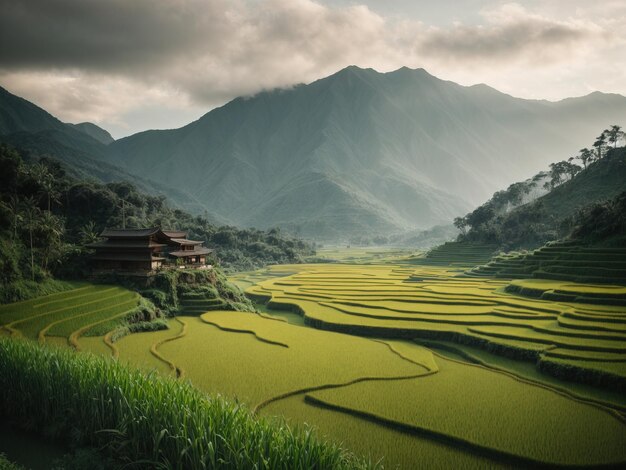 Photo the image of a green mountain contains fertile rice fields