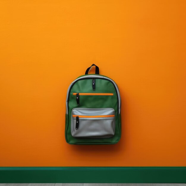 image of a green school backpack on a yellow backgroundgenerative ai