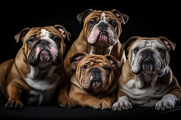 Image of group of bulldogs on a black background Pet Animals Illustration Generative AI