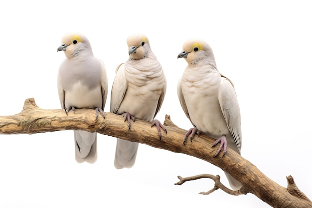 Foto immagine di un gruppo di colomba giavanese su un ramo su sfondo bianco uccelli animali illustrazione ai generativa