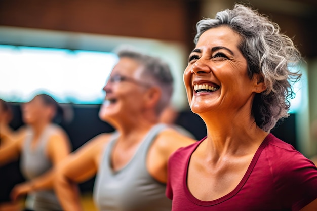 Image of a group of women over 50 years old doing a Zumba class at a sports center COncept of health and wellness Image created with AI