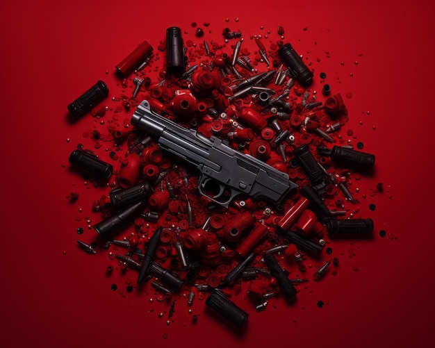 an image of a gun and bullets on a red background