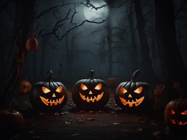 An image of Halloween pumpkins in dark forest