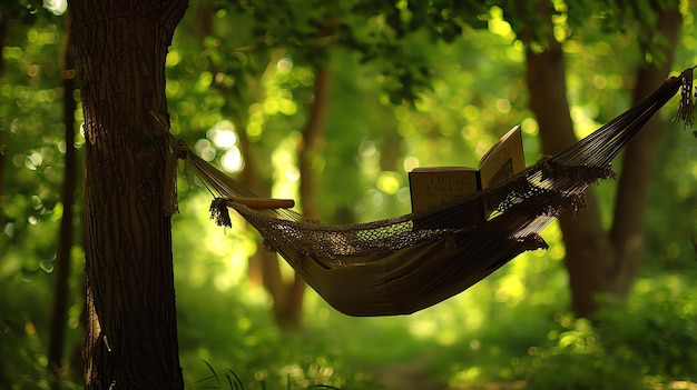 Photo an image of a hammock hanging from two trees in a forest the hammock is empty but there is a book lying on it