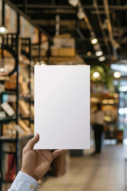 Foto un'immagine di una mano che tiene un volantino in proporzione a5 con un modello di sfondo del negozio sfocato