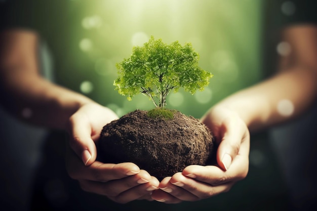 An image of hand holding a tree on the Earth