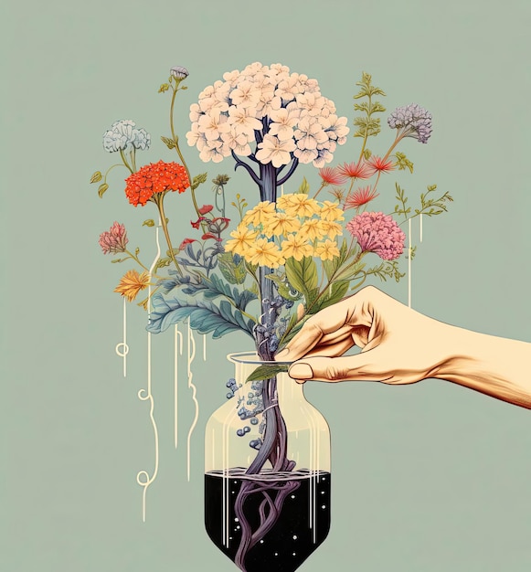 image of hand watering a brain with flowers in the style of organic compositions