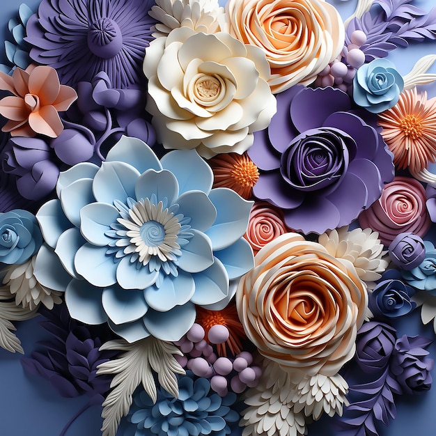 an image of handmade flowers in blue orange and purple