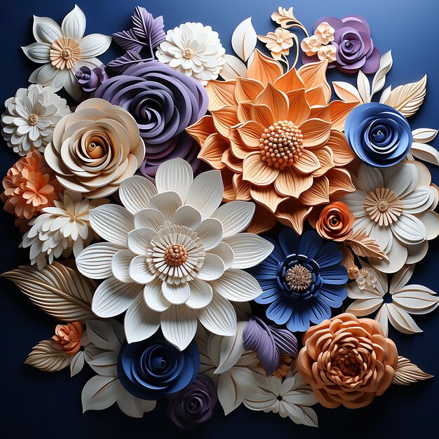 an image of handmade flowers in blue orange and purple