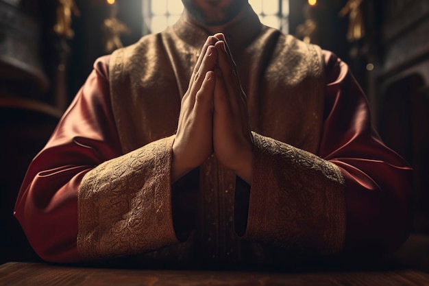 写真 教会で祈っている司祭の手の画像